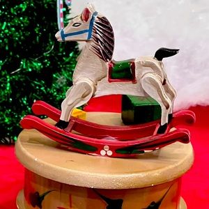 Vintage Christmas Holiday Wooden Rocking Horse Music Box